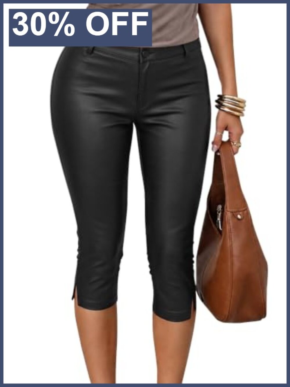 Faux Leather Capri Pants High Rise Slit Hem Leggings